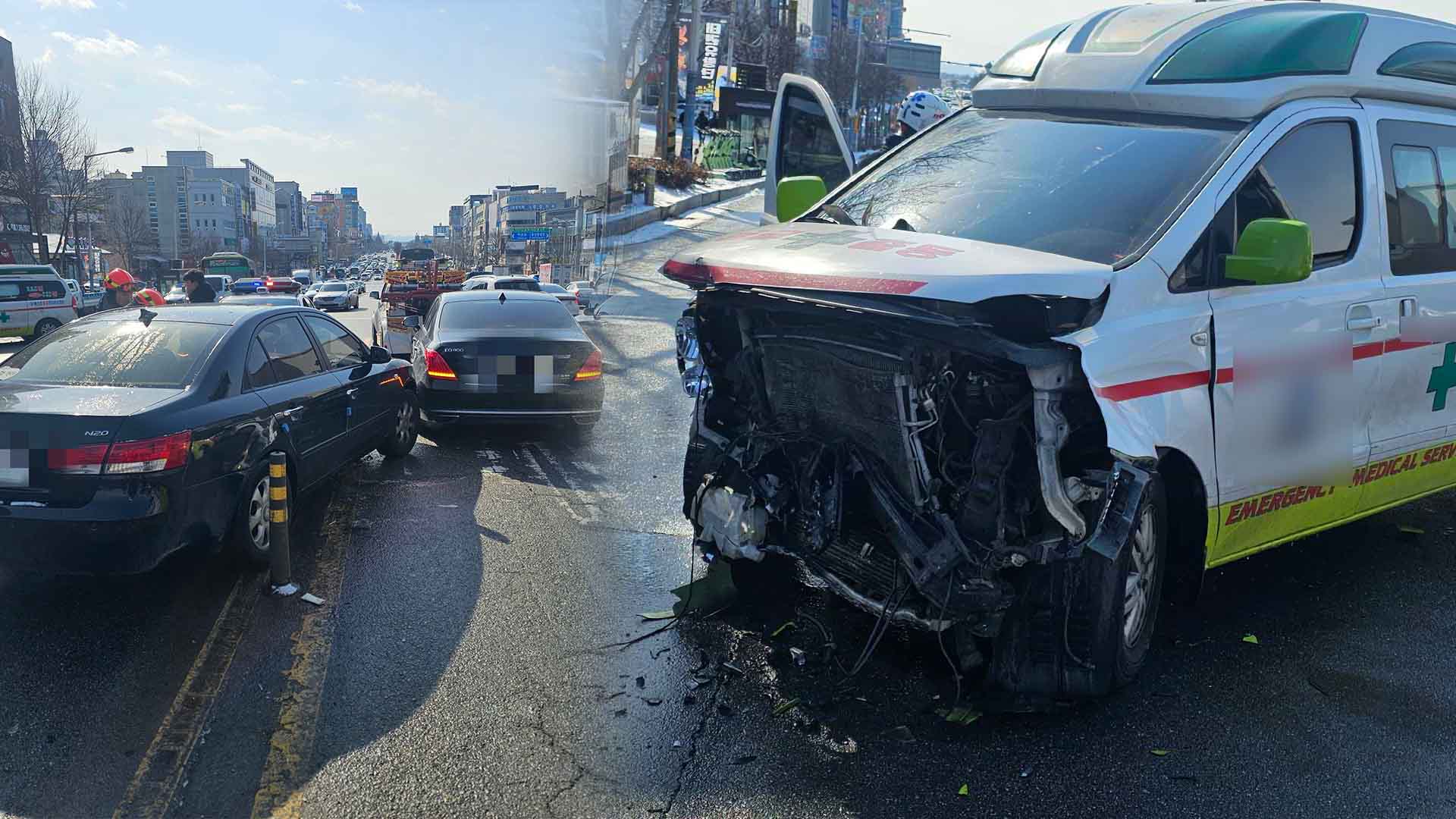 사설구급차, 승용차 2대 잇따라 추돌.. 운전자 등 2명 부상